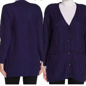 CENY Fisherman Knit Cardigan Sweater Blue Small